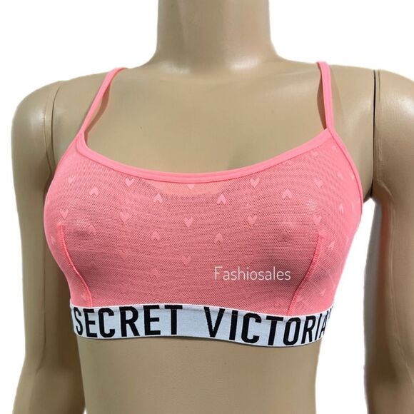Victorias Secret Unlined Sexy Sheer Hearts Mesh bralette bra Coral Xs - Picture 1 of 4